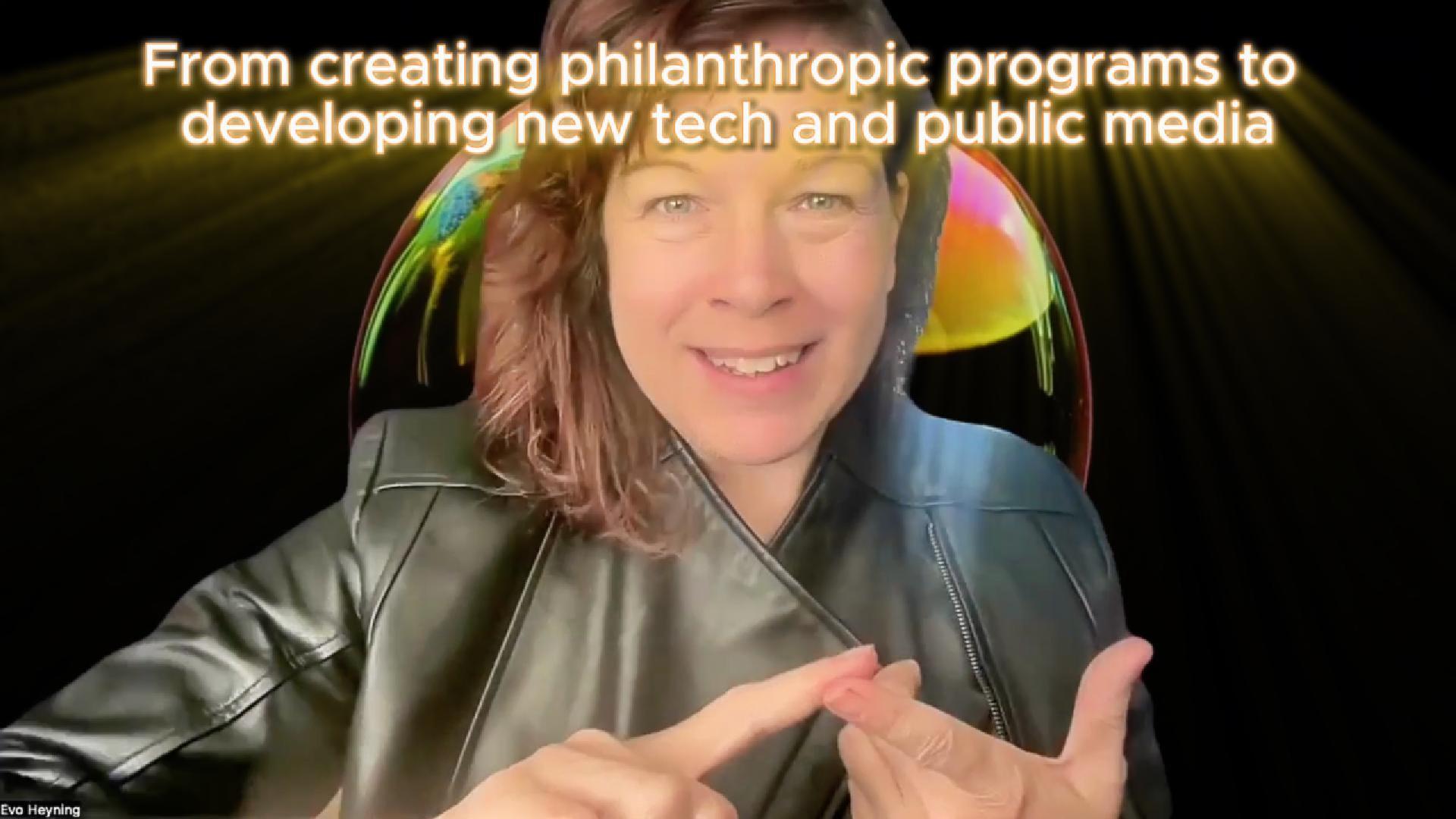 Evo Heyning speaking on camera about philanthropic programs, new technology and public media